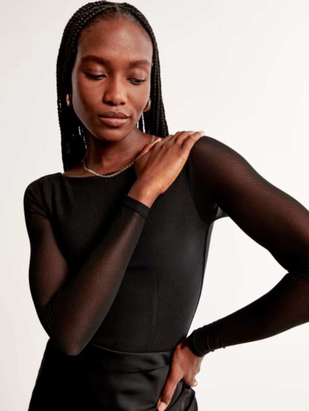 NWT Long-Sleeve Mesh Crepe Shell Bodysuit